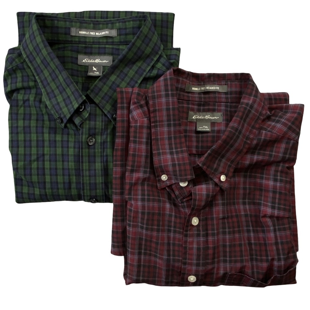 Eddie Bauer Shirts Mens XXL Tall Lot of 2 Wrinkle Free Relaxed Fit Plaid Cotton